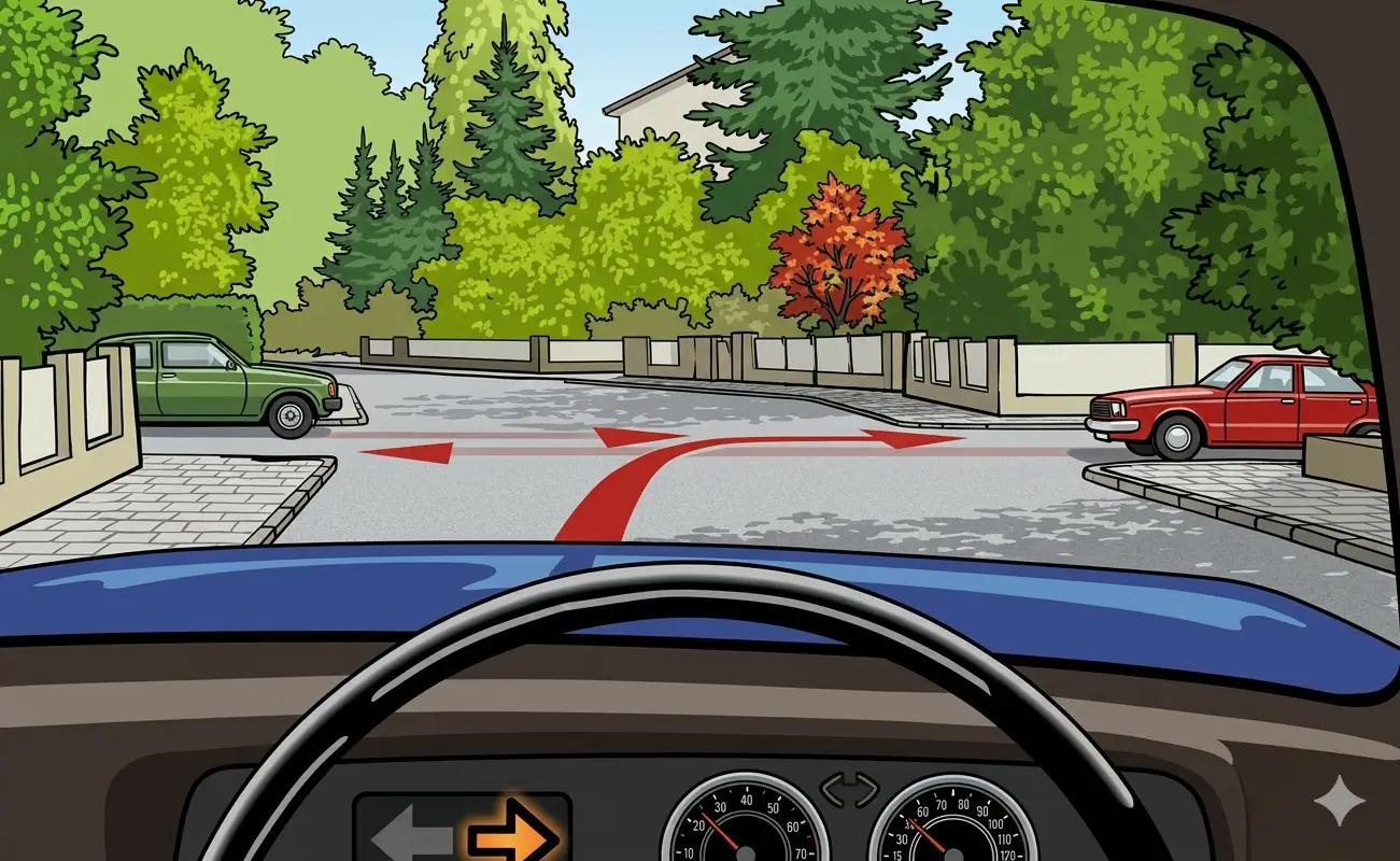 Driver's view at a 4 way intersection intending to turn right, with a red car on the right passing to the left and a green car on the left passing to the right